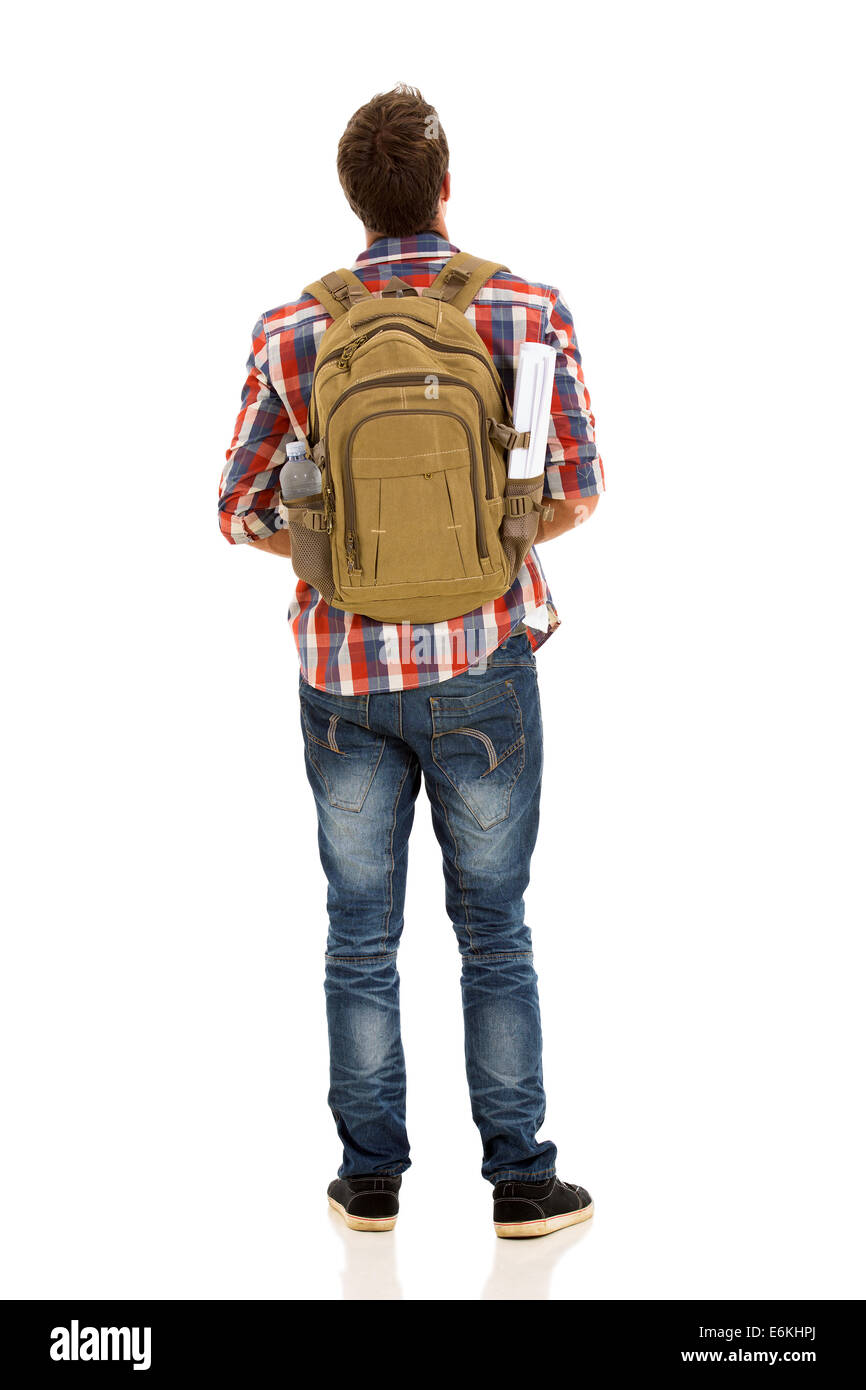 Heckansicht des männlichen Wanderer mit Rucksack isoliert auf weißem Hintergrund Stockfoto