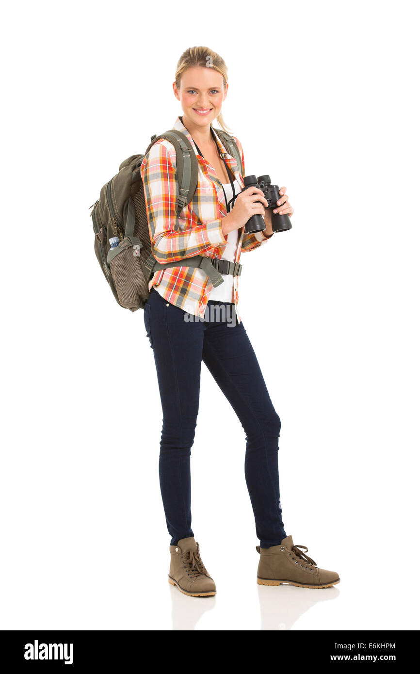 fröhliche junge Wanderer mit dem Fernglas isoliert auf weißem Hintergrund Stockfoto