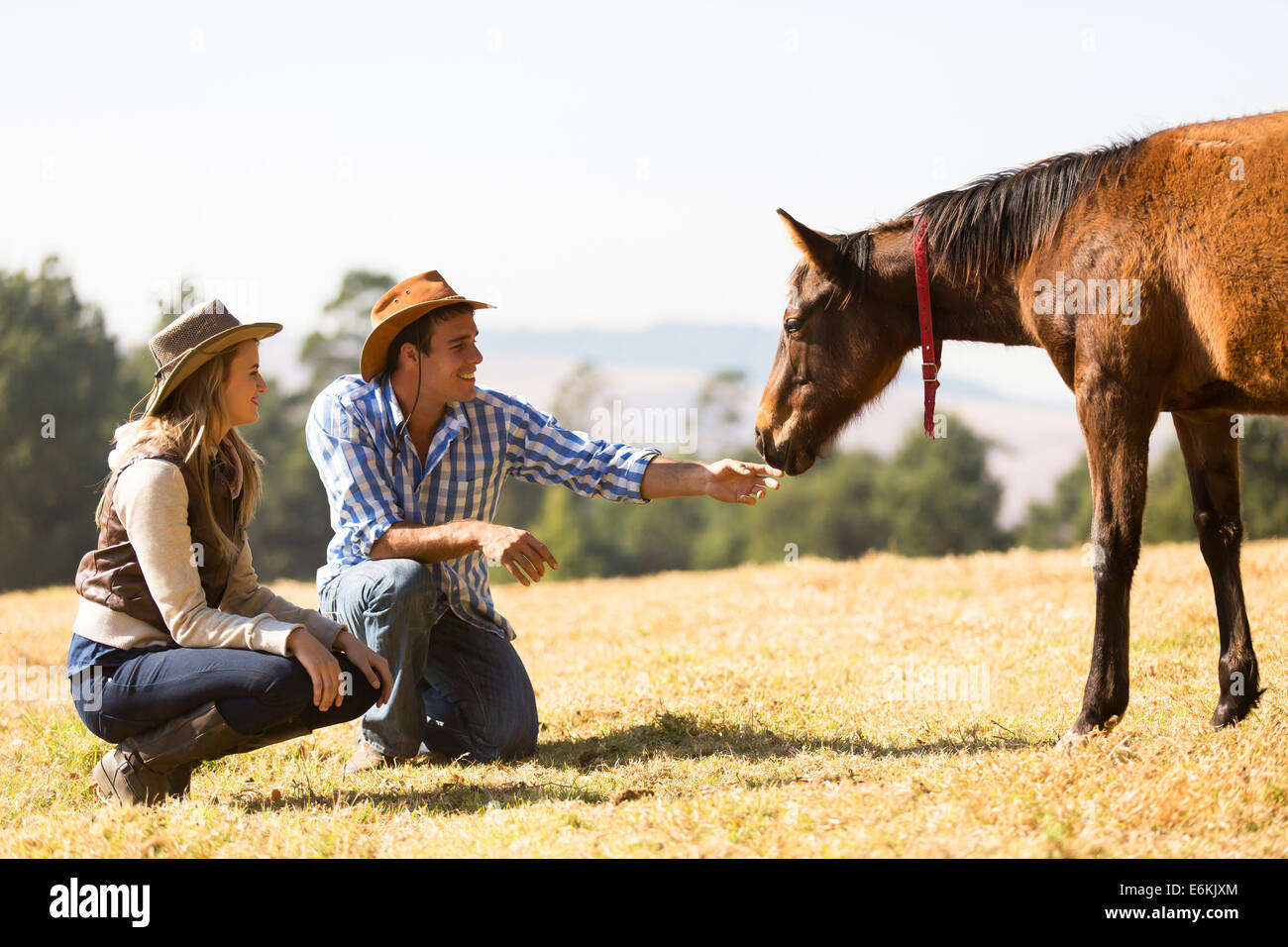 Cowboy und Cowgirl mit Fohlen in der Ranch spielen Stockfoto