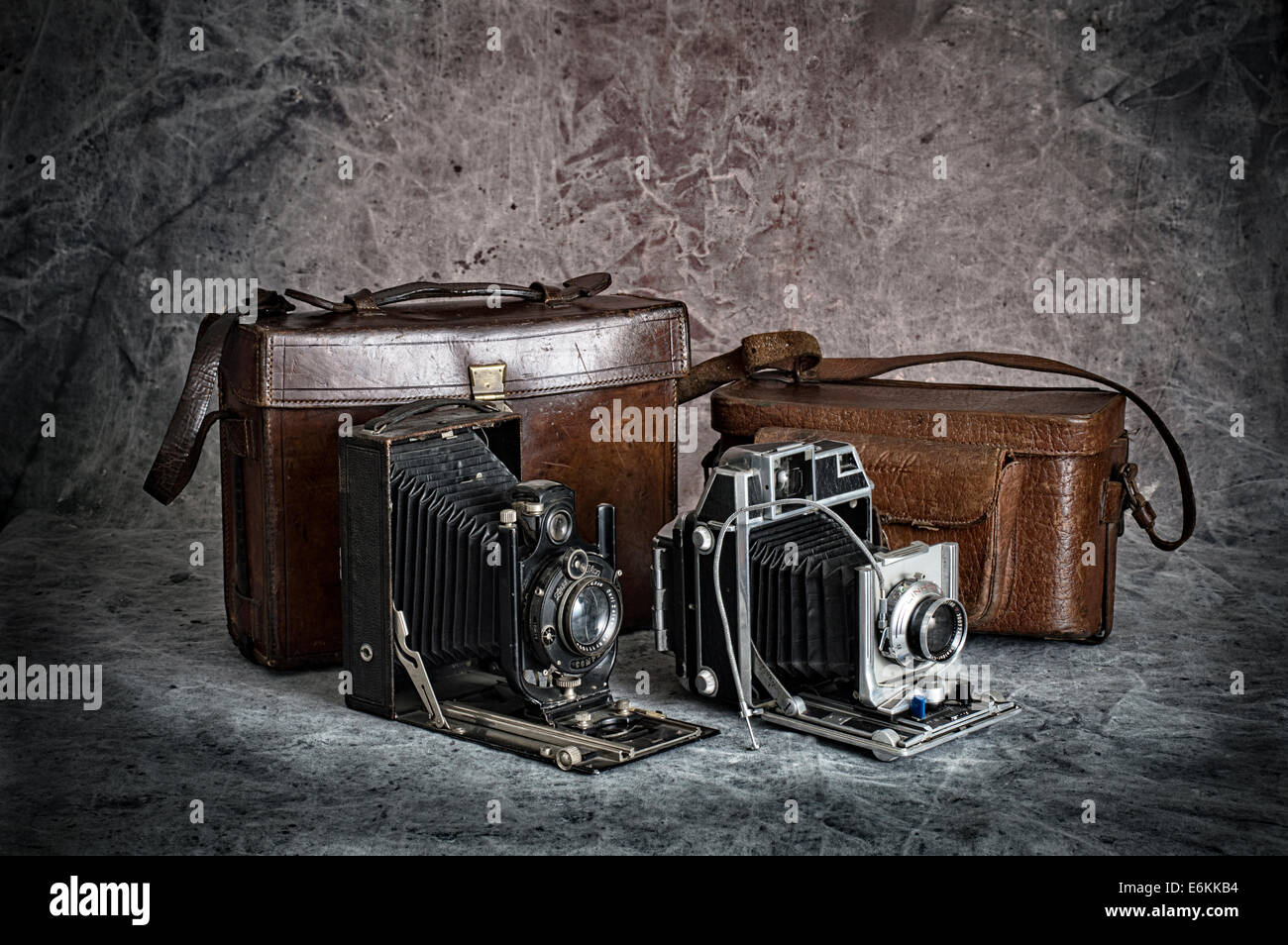 Alte Vintage professionelle Blatt-Film-Kameras - Linhof und Zeiss Ikon Stockfoto