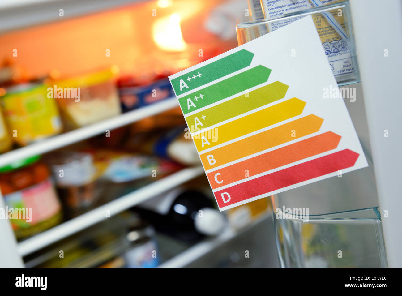Zettel Mit Energieeffizienzklassen ein Einem Kühlschrank Stockfoto