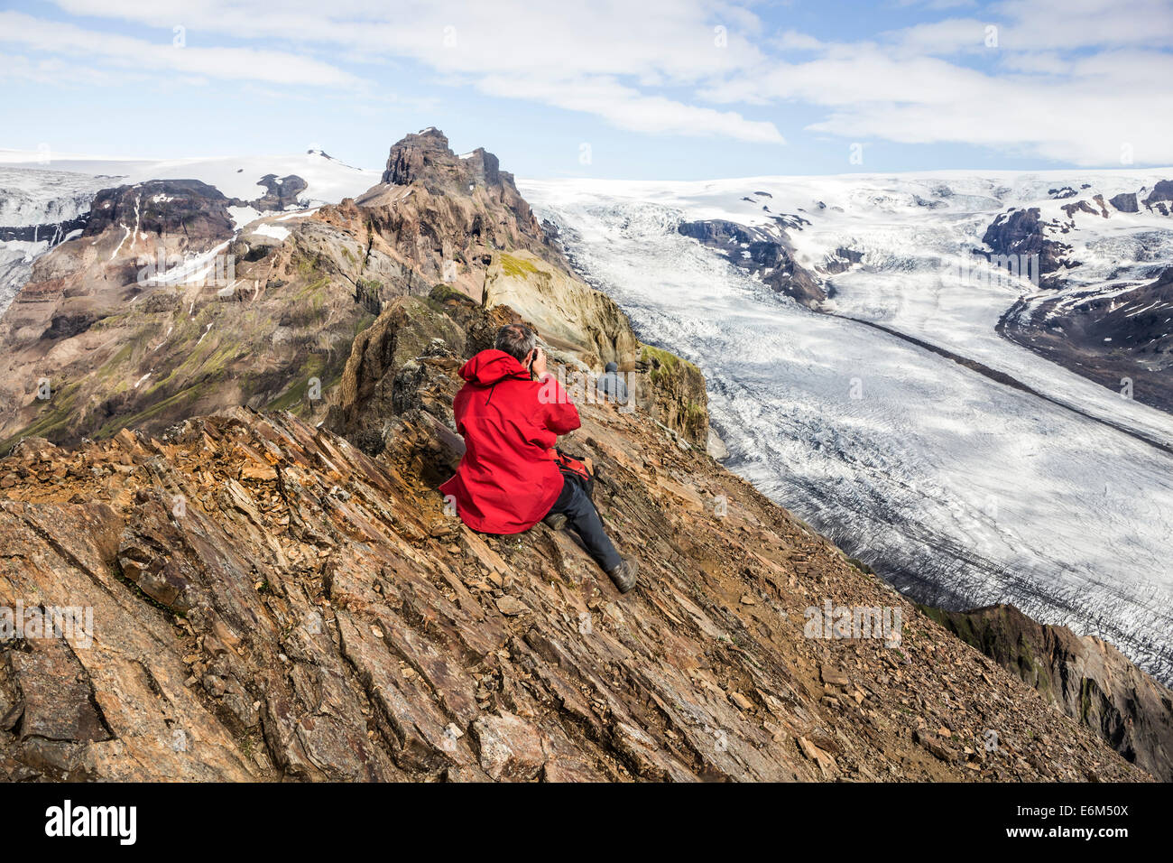 Der Vatnajökull-Eiskappe und Skaftafellsjökull Gletscher vom Gipfel des Kristinartindar Skaftafell Nationalpark Island Stockfoto