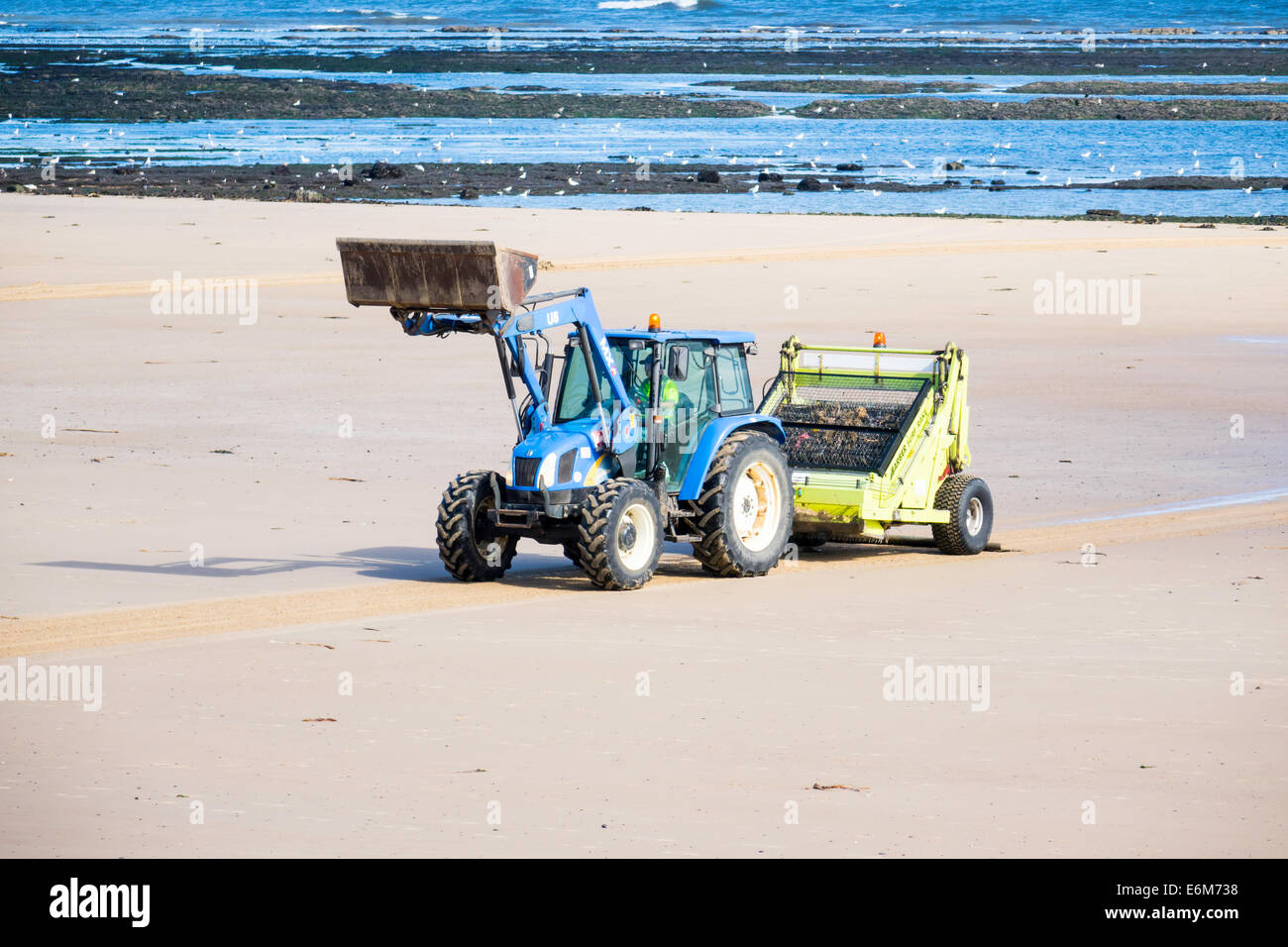 Badestrand Meer in Redcar gereinigt von den örtlichen Behörden über eine mechanische Traktor gezogen Maschine Arber Surf Rake Stockfoto