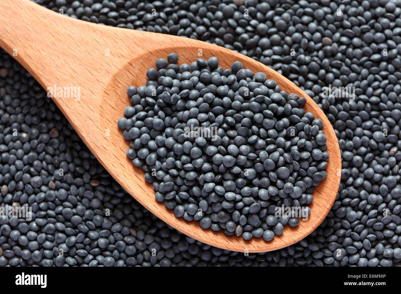 Schwarzen Belugalinsen in einem Holzlöffel auf schwarze Beluga-Linsen-Hintergrund. Stockfoto