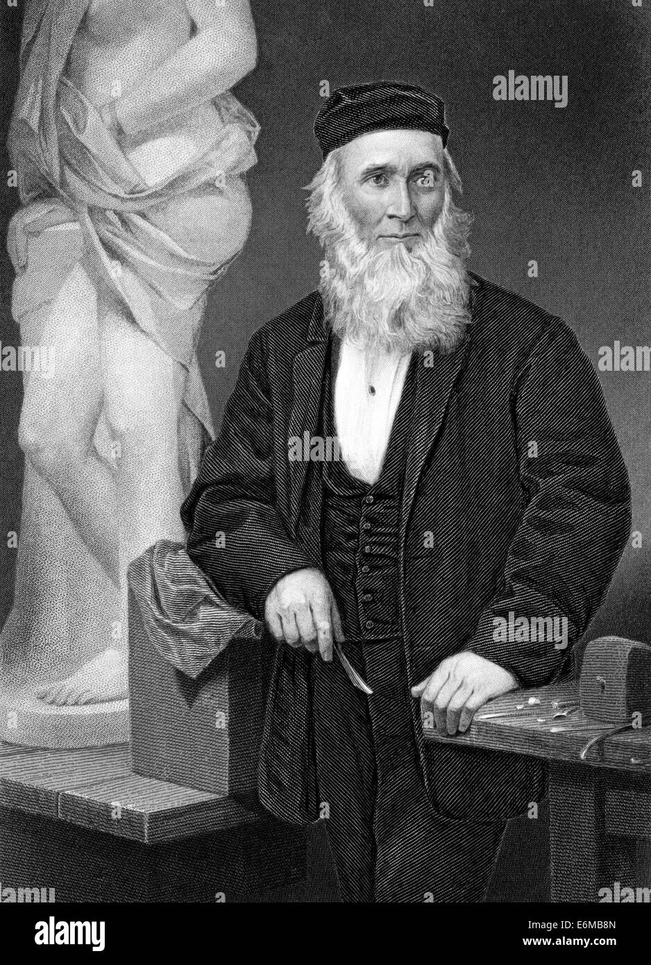 Hiram Powers (1805-1873) auf Kupferstich aus dem Jahr 1873. Amerikanische klassizistischen Bildhauer. Stockfoto
