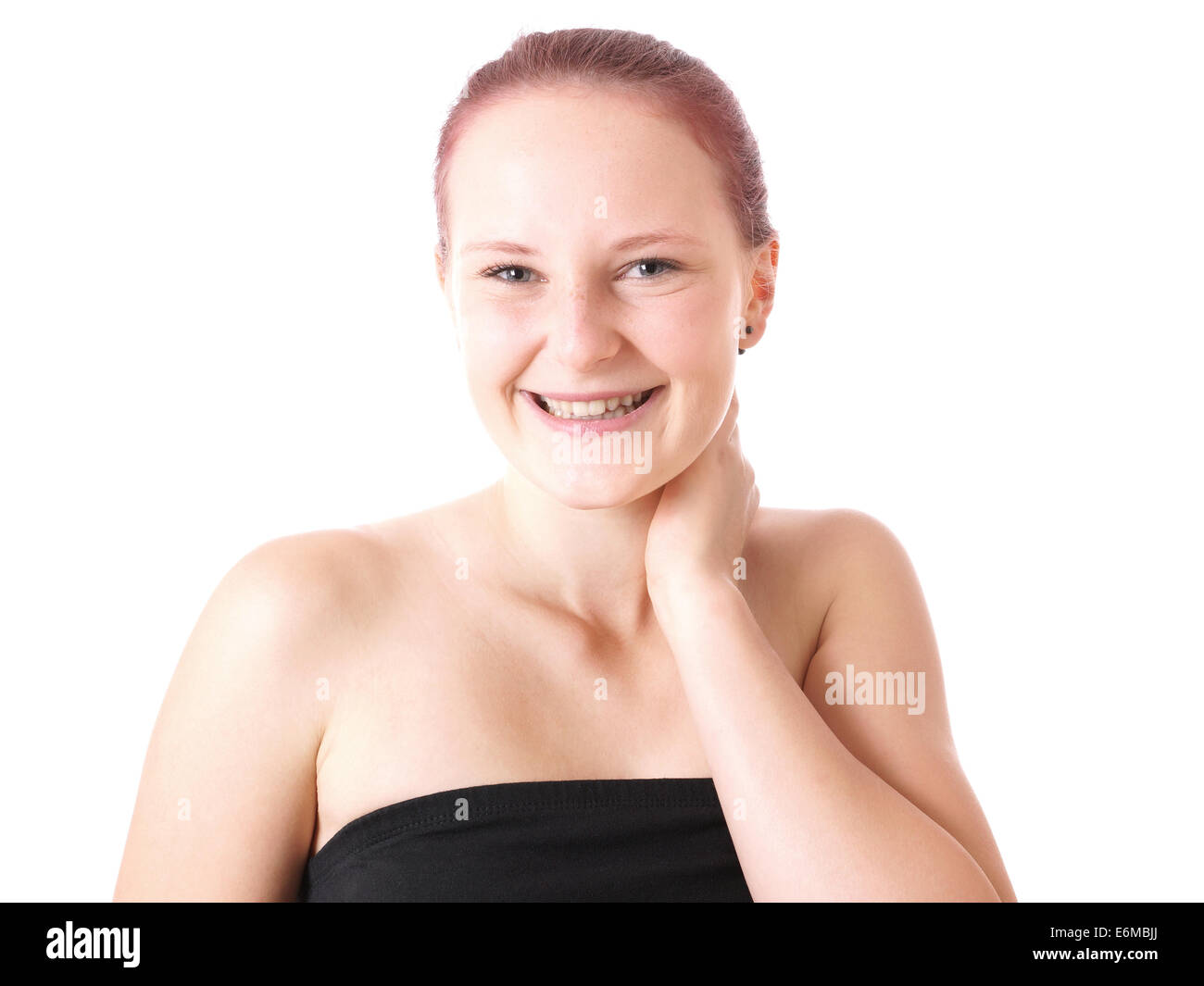 niedliche glückliche junge Frau lachen Stockfoto
