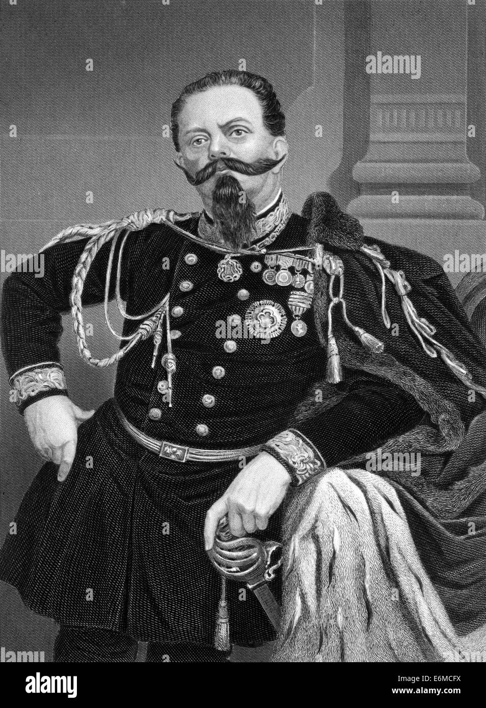 Victor Emmanuel II von Italien (1820-1878) auf Kupferstich aus dem Jahr 1873. Erster König des Vereinigten Italiens seit dem 6. Jahrhundert. Stockfoto