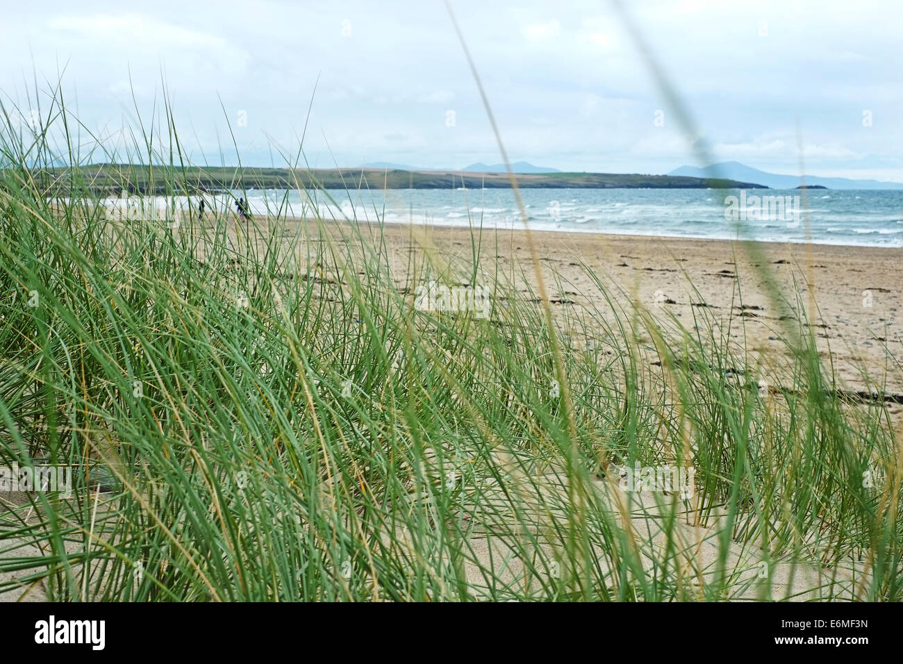 Blick auf breiten Strand in Richtung Snowdonia Burial Chamber, Küste von Anglesey, Nordwales Stockfoto