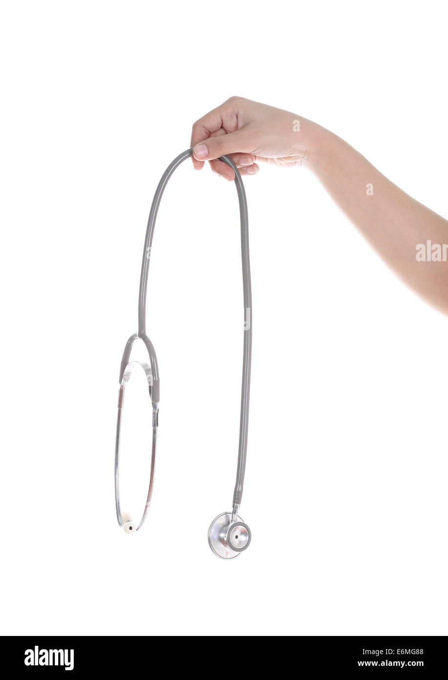 Hand mit Stethoskop isoliert auf weißem Hintergrund Stockfoto