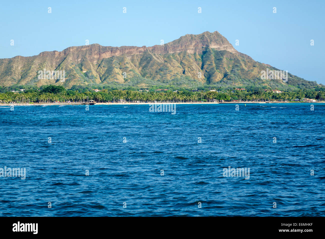 Honolulu Waikiki Beach Hawaii, Hawaiian, Oahu, Pazifischer Ozean, Waikiki Bay, Diamond Head Crater, erloschener Vulkan, Berg, USA, USA, USA, USA, Amerika Polyne Stockfoto