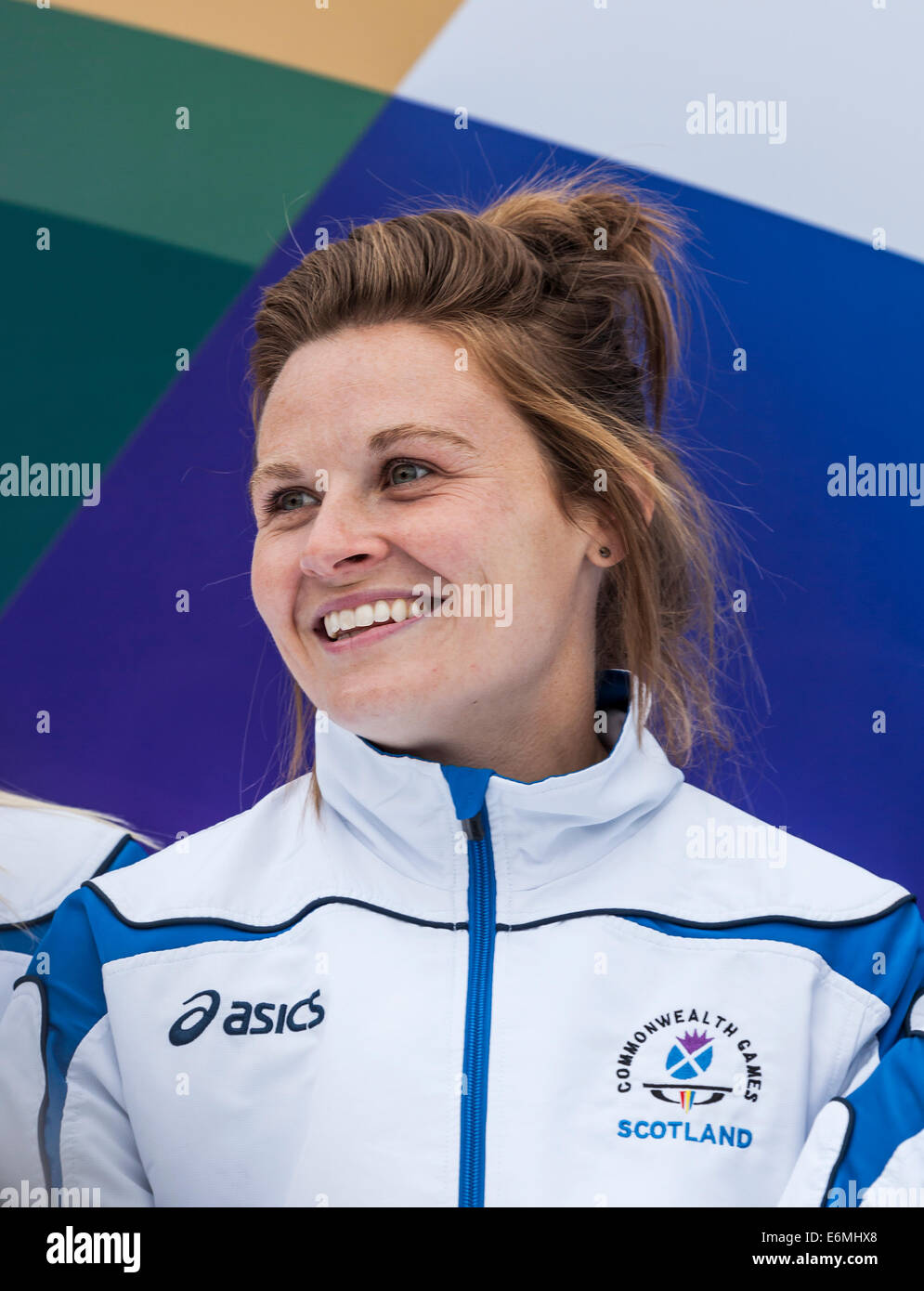 Leigh Fawcett, Hockeyspieler, nachdem das Team Schottland Parade durch Glasgow die Commonwealth-Spiele 2014. Stockfoto
