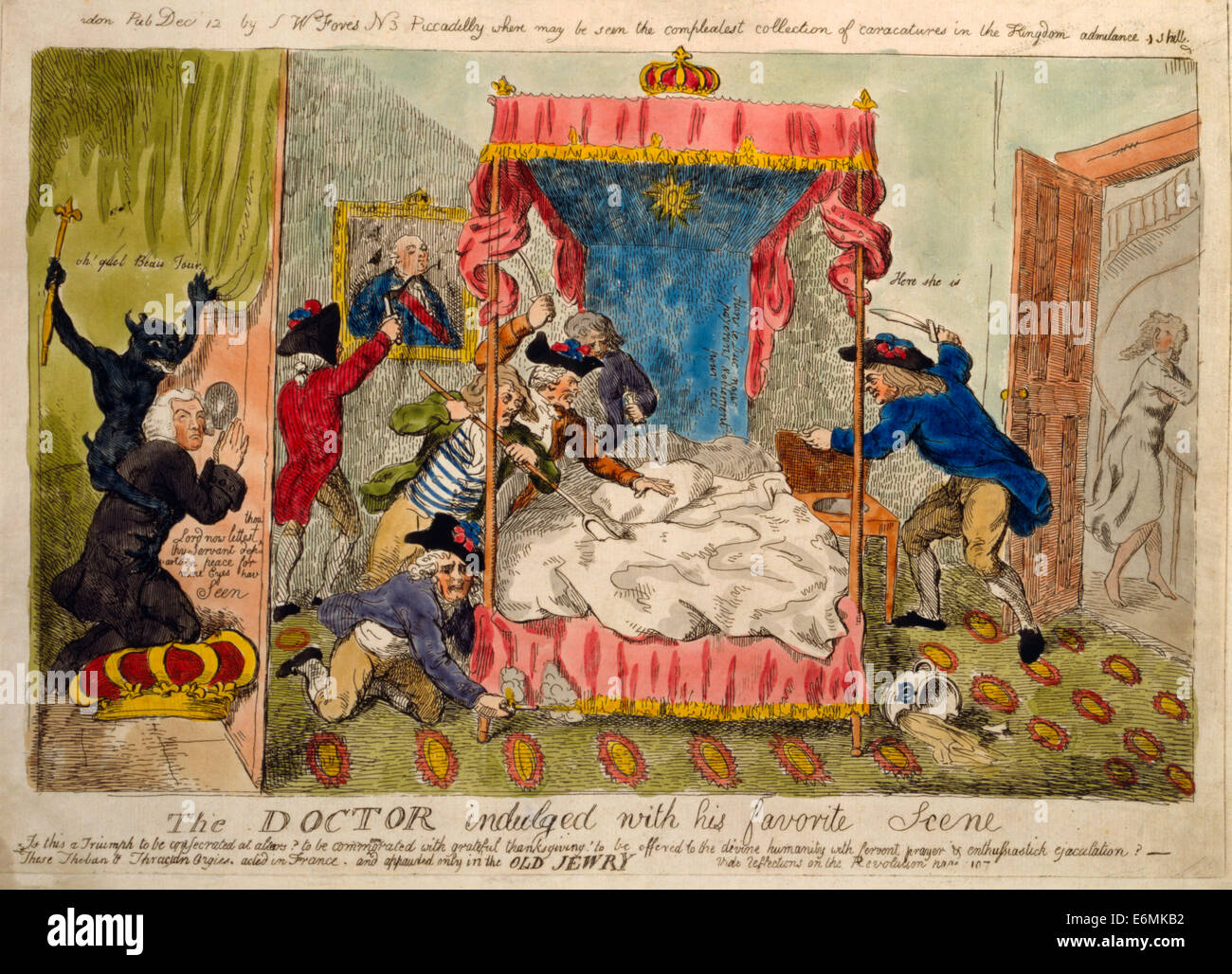 Politische Karikatur zeigt Kleriker Dr. Richard Price, kniend auf eine Krone mit einem Dämon auf dem Rücken, spähte durch ein Guckloch in die königliche Schlafzimmer in Versailles, beobachtete Grobiane, die Queen Bett und Schlafzimmer auf der Suche nach ihr zu zerstören; Königin Marie Antoinette sieht man auf der Flucht eine Treppe hinunter. 1790 Stockfoto