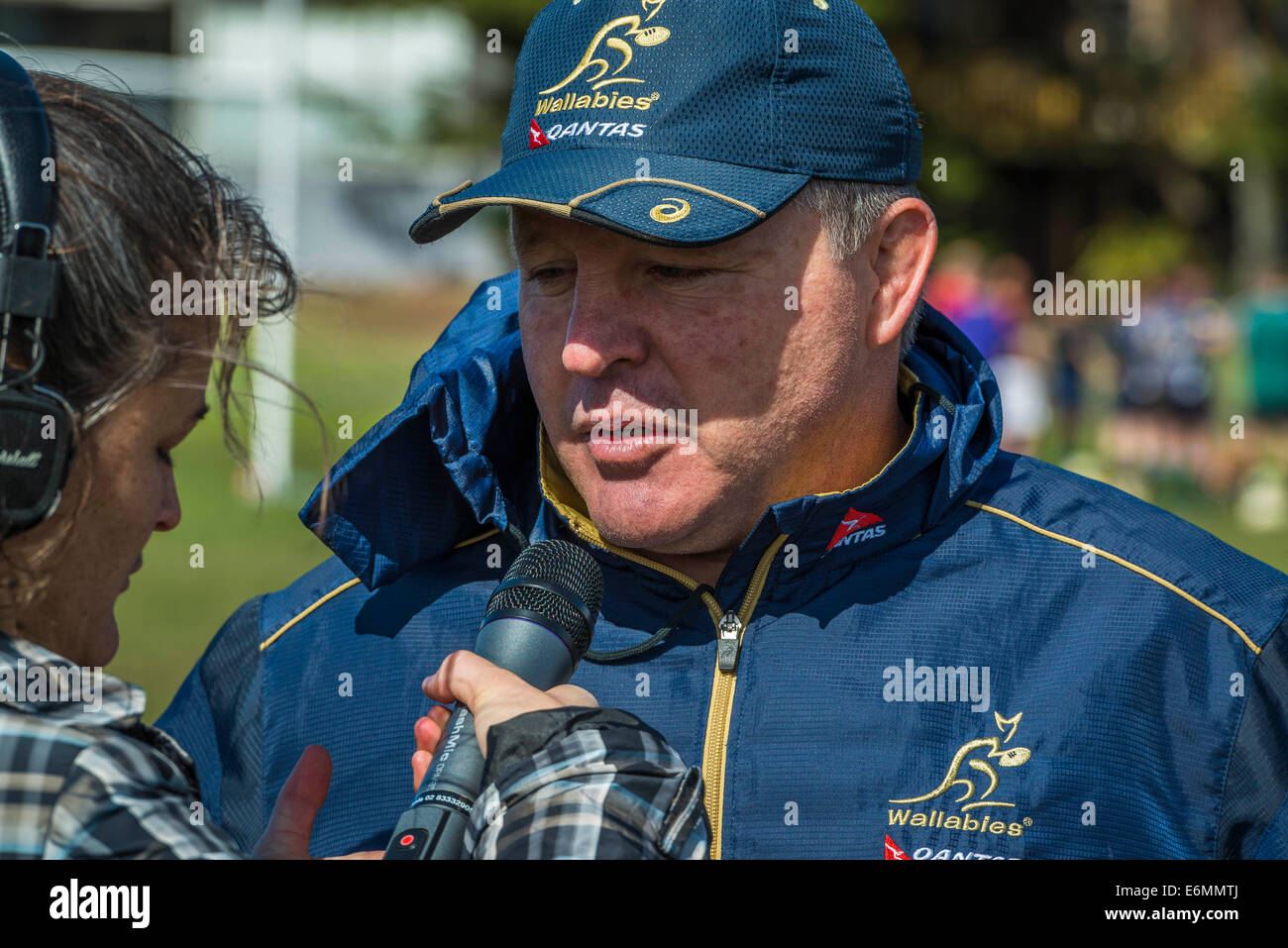 Sydney, Australien. 27. August 2014. Wallabys Trainer Andrew Blade spricht zu den Medien auf der 2014 Bingham Cup Trainingseinheit mit NSW Waratah kombiniert coacht, Playe Credit: MediaServicesAP/Alamy Live News Stockfoto