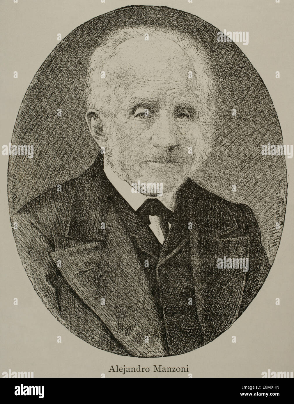 Alessandro Manzoni (1785 – 1873). Italienischer Dichter und Schriftsteller. Kupferstich von Maynhofer. Nuestro Siglo, 1883. Stockfoto