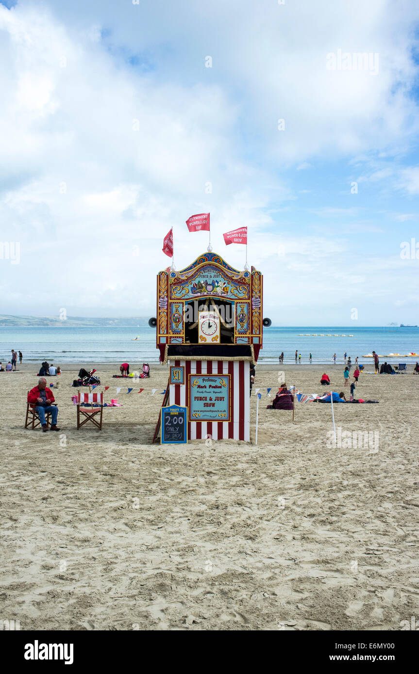 Punch und Judy Show Stand auf Weymouth Strand Dorset UK Stockfoto