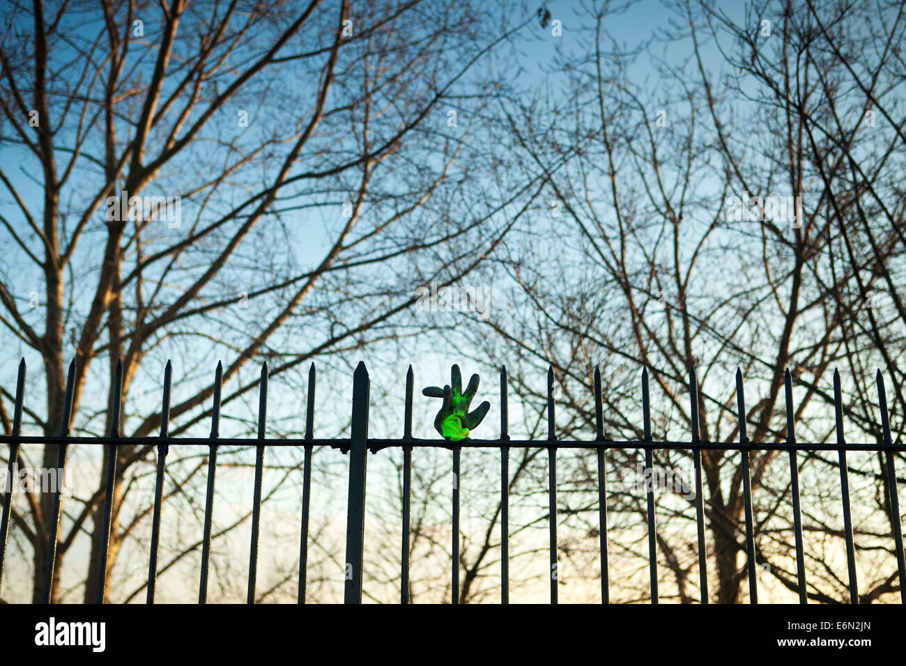 Verlorenen Handschuh auf einen Zaun Spike mit Bäumen hinter gelegt. Stockfoto
