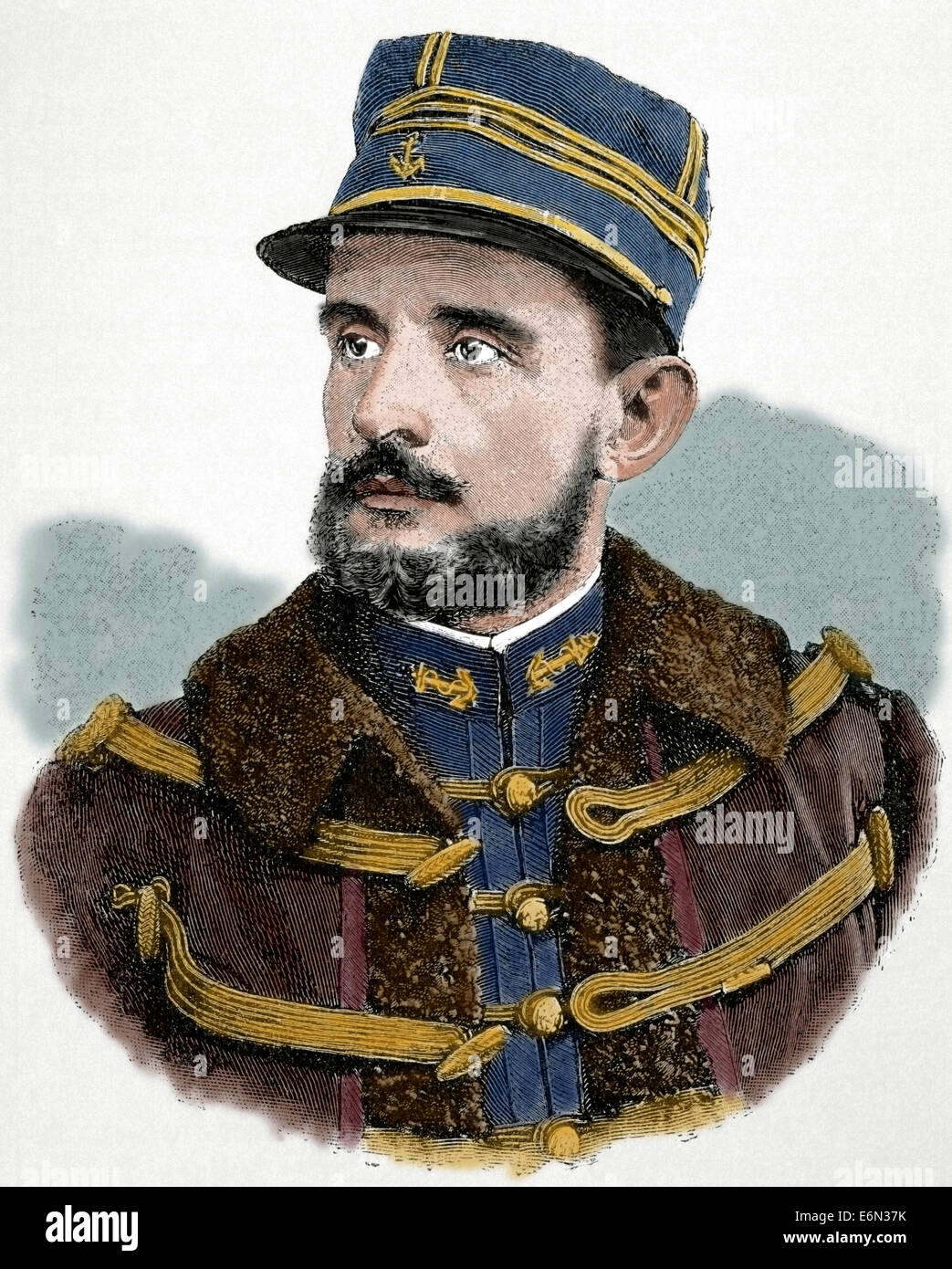 General Jean-Baptiste Marchand (1863 – 1934). Französischer Offizier und Entdecker in Afrika. Gravur. Farbige. Stockfoto