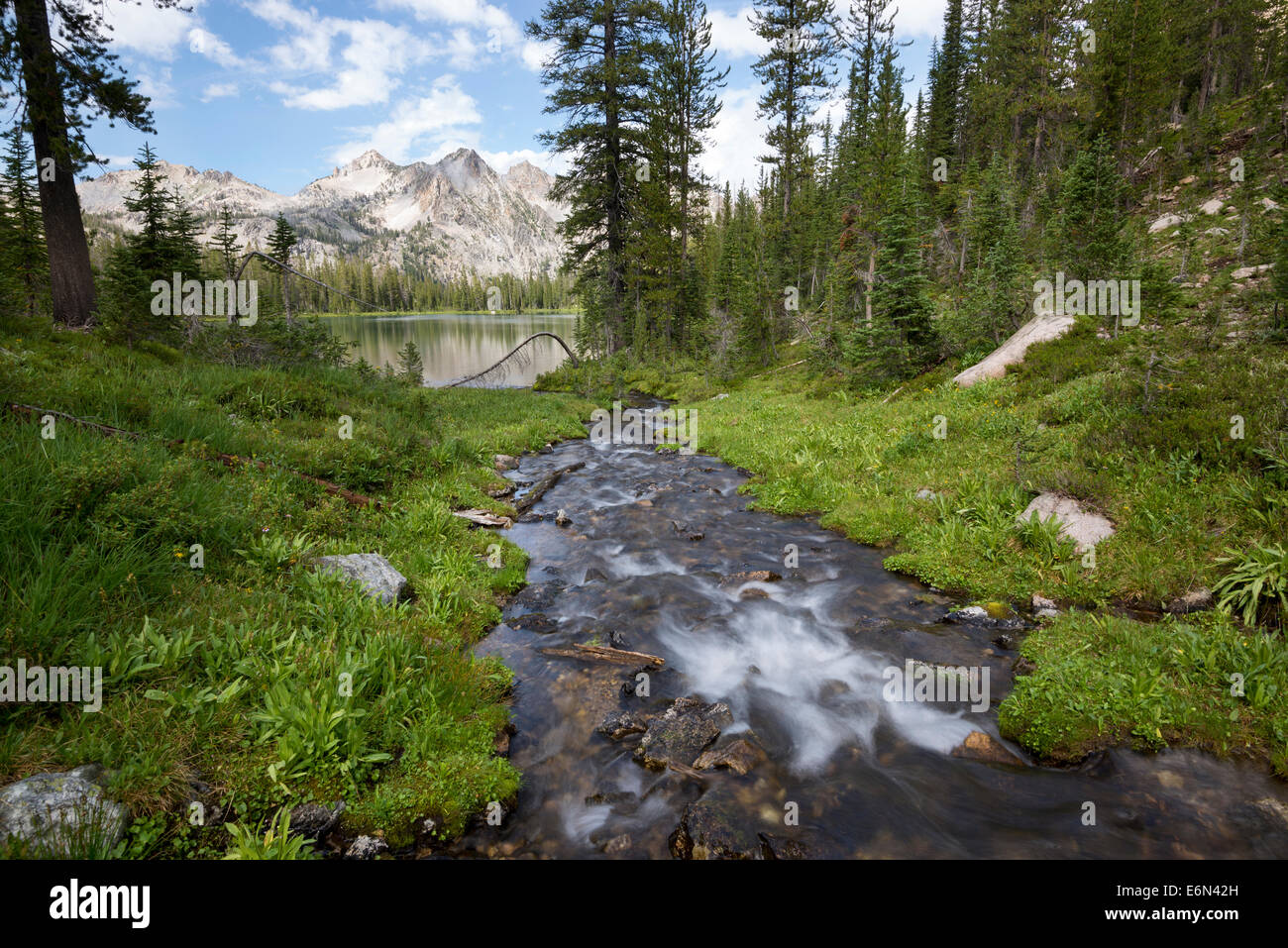 Strom fließt in einen See in Idaho Sawtooth Mountains. Stockfoto