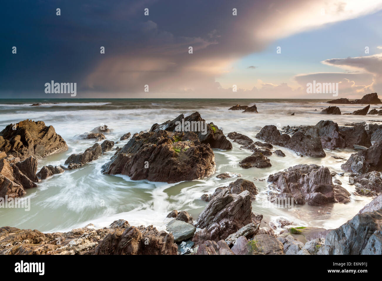 Felsenküste am Ayrmer Cove in South Hams, South Devon, England, Vereinigtes Königreich, Europa. Stockfoto