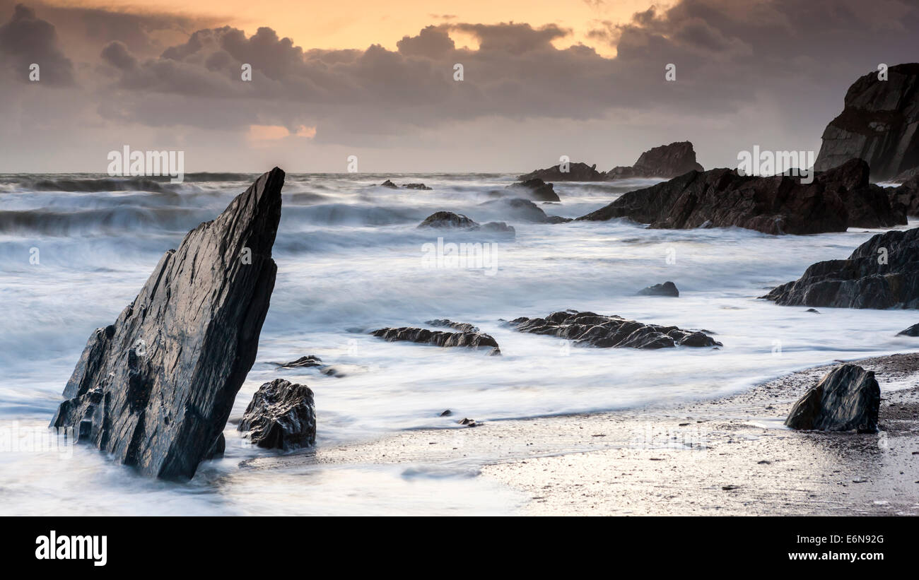Felsenküste am Ayrmer Cove in South Hams, South Devon, England, Vereinigtes Königreich, Europa. Stockfoto