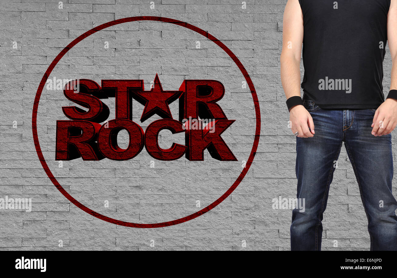 Rock star Männer stehen auf Ziegel Wand Hintergrund Stockfoto