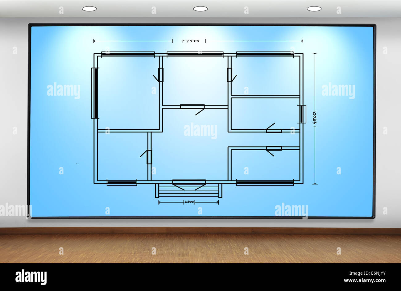 großen Plasmabildschirm an Wand mit Bauplan Stockfoto