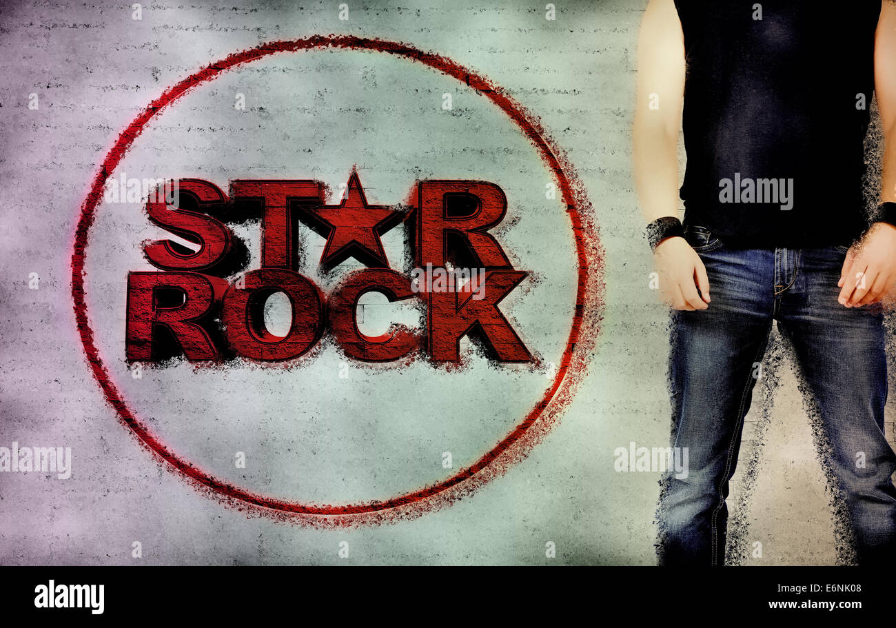 Rock star Männer stehen auf Ziegel Wand Hintergrund Stockfoto