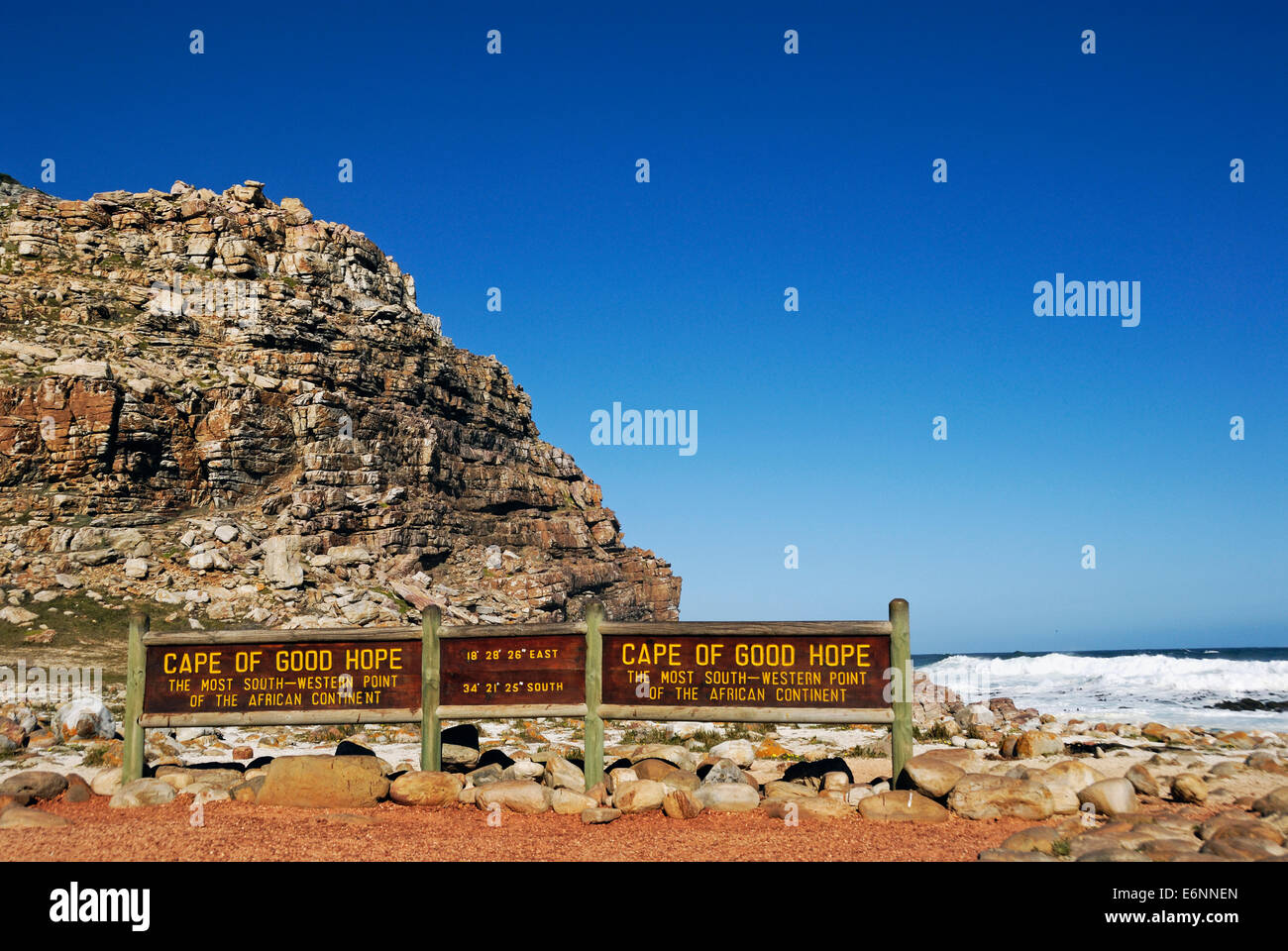 Hinweisschild am Kap der guten Hoffnung, Cape Point, Western Cape Province, Südafrika Stockfoto
