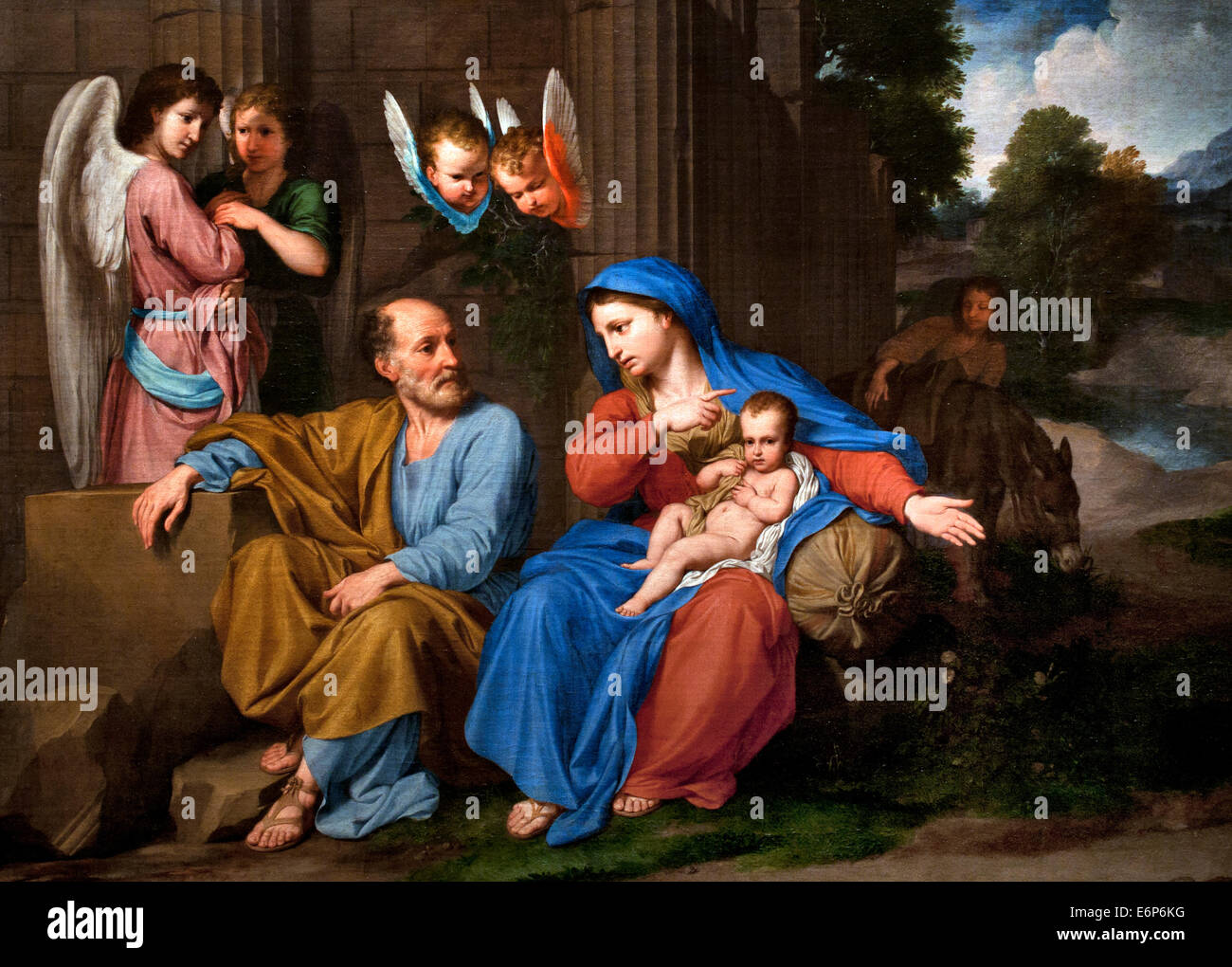 Die Heilige Familie auf der Flucht nach Ägypten von Reynaud Levieux 1613-1699 Frankreich Französisch Stockfoto