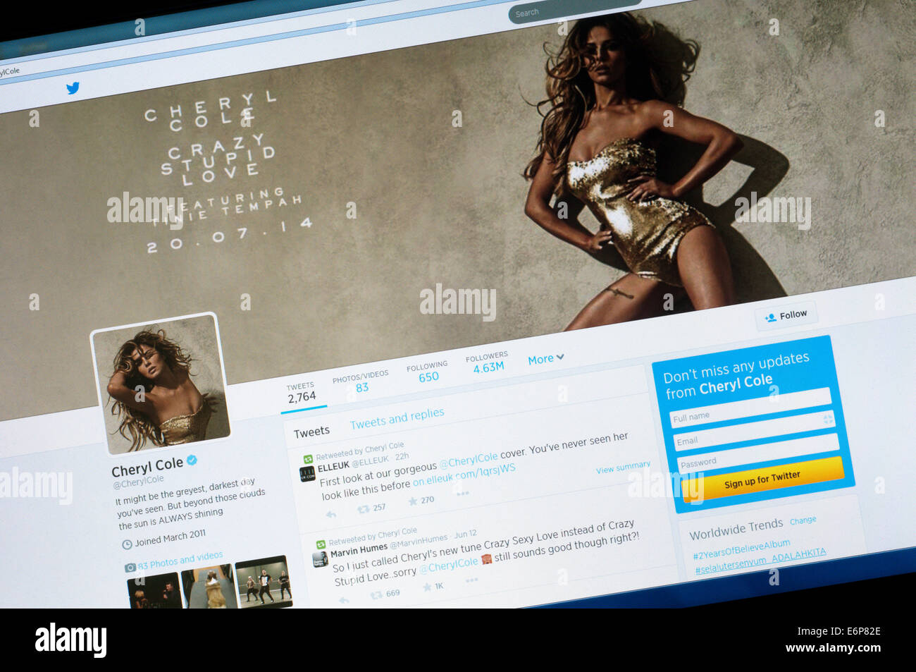 Das Twitter-Konto von Cheryl Cole. Stockfoto