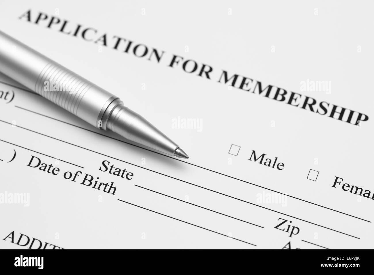 Antrag auf Mitgliedschaft. Schwarz und weiß. Stockfoto