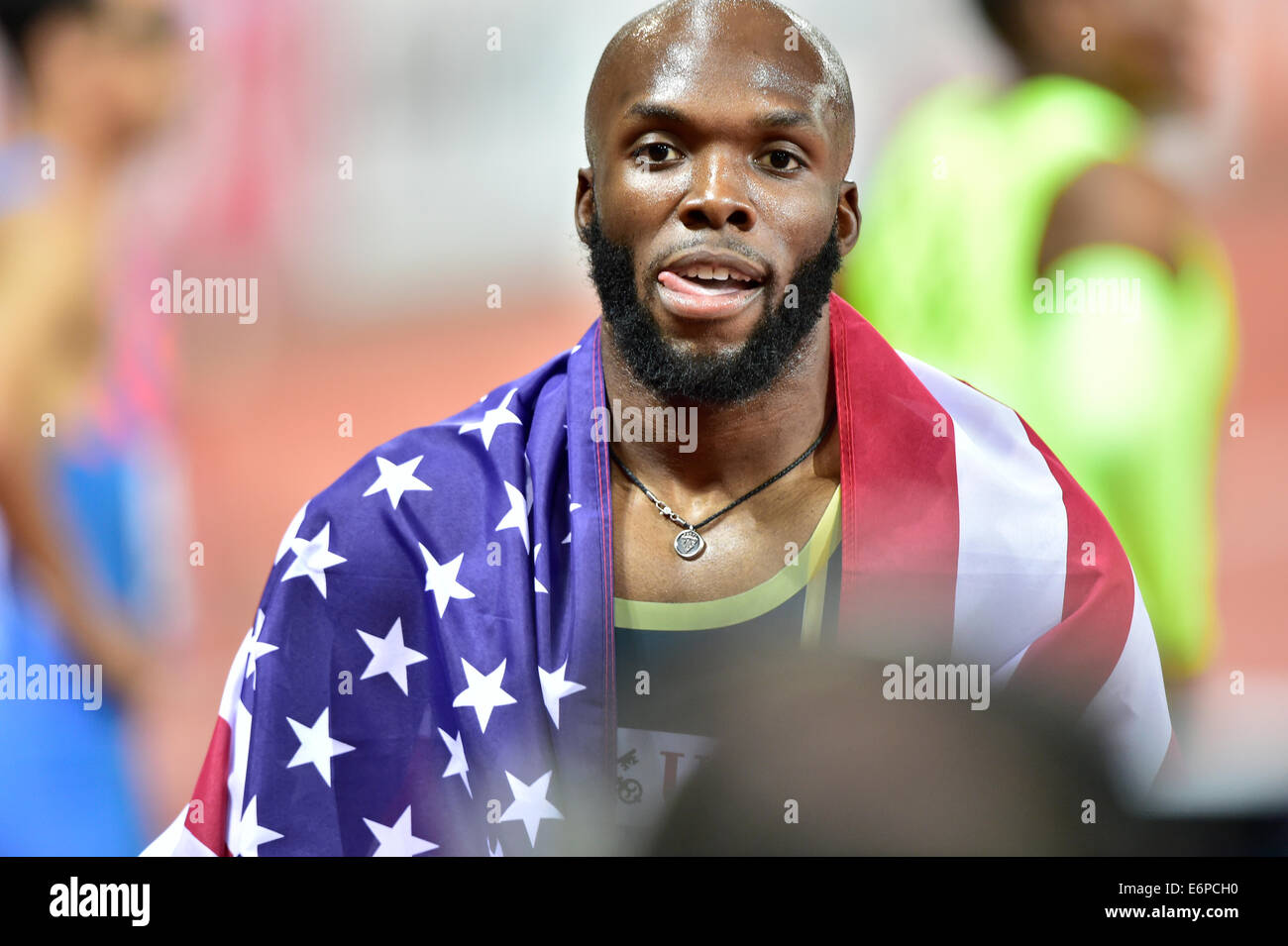 Zürich, Schweiz. 28. August 2014. Sieg für LaShawn Merritt (USA) bei 400m-Lauf bei der IAAF Diamond League-Leichtathletik-Meeting in Zürich. Bildnachweis: Erik Tham/Alamy Live-Nachrichten Stockfoto