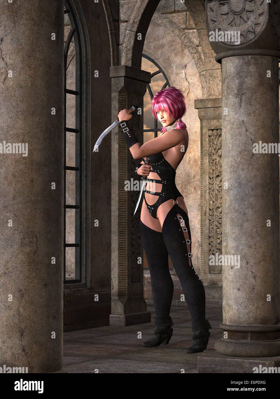 Fantasy-Kriegerin mit rosa Zöpfen in defensive Haltung halten Zwilling Messer Stockfoto