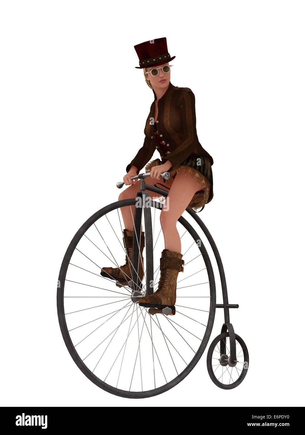 Steampunk-Weibchen in Hut und kurzen Rock Reiten Penny Farthing Fahrrad Stockfoto