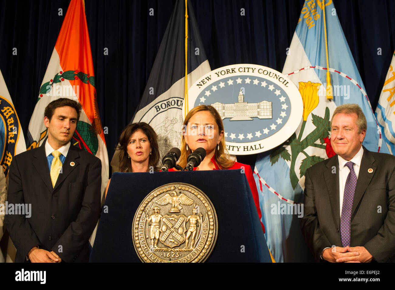 NY City Stadtrat Sprecher Melissa Mark-Viverto in Begleitung von Mitgliedern des Stadtrates, spricht auf einer Pressekonferenz Stockfoto
