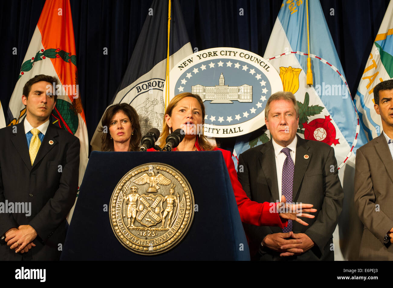 NY City Stadtrat Sprecher Melissa Mark-Viverto in Begleitung von Mitgliedern des Stadtrates, spricht auf einer Pressekonferenz Stockfoto
