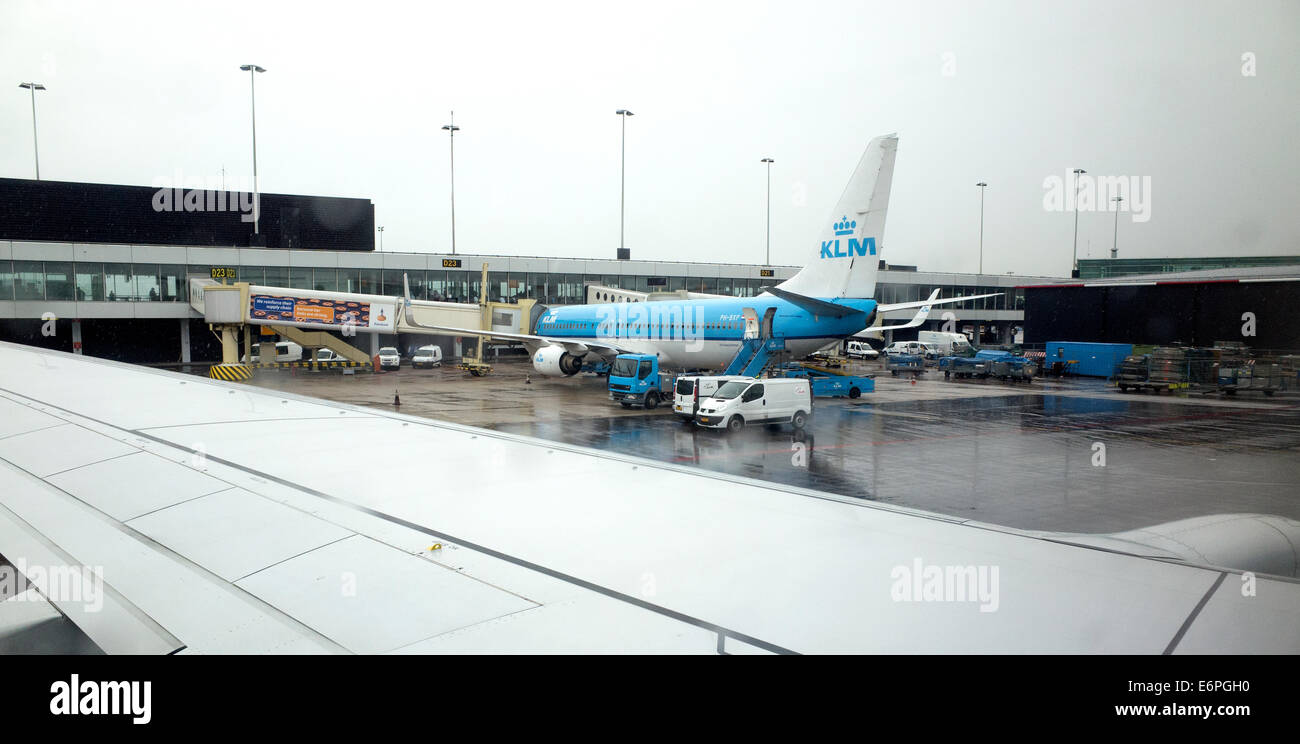 KLM Flugzeug Besteuerung in der Ladefläche des Flughafen Schiphol bei leichtem Regen. Amsterdam-Niederlande Stockfoto