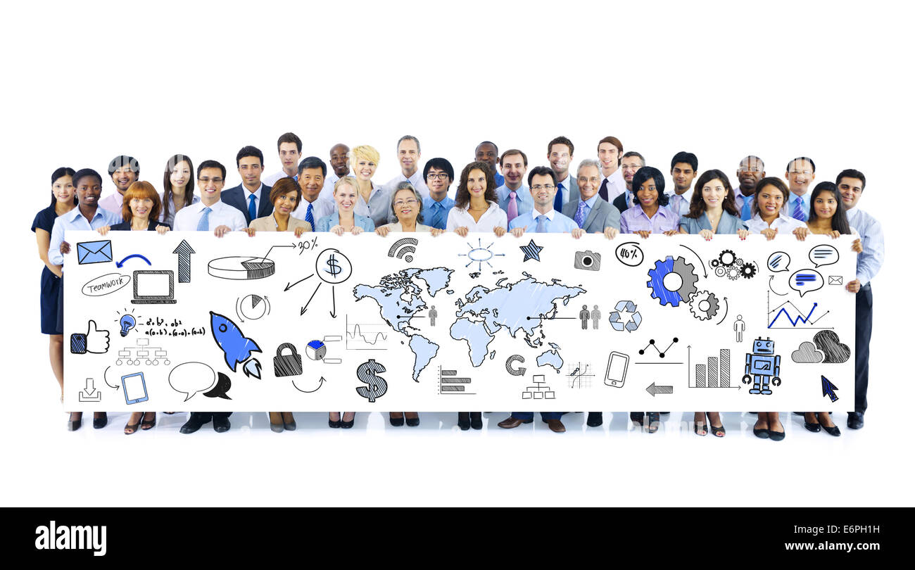 Multiethnische Gruppe von Menschen halten Banner mit Symbol Stockfoto