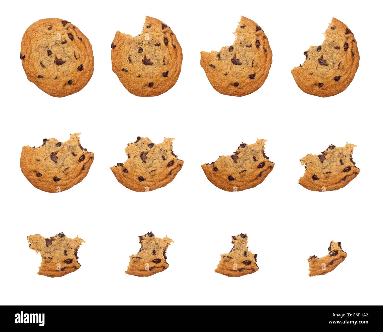 Reihenfolge der Bisse abgenommen ein Cookie isoliert auf weißem Hintergrund Stockfoto