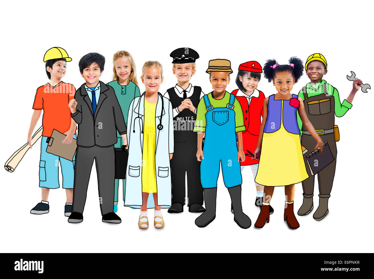 Multiethnische Gruppe von Kindern mit verschiedenen Besetzungen Konzept Stockfoto