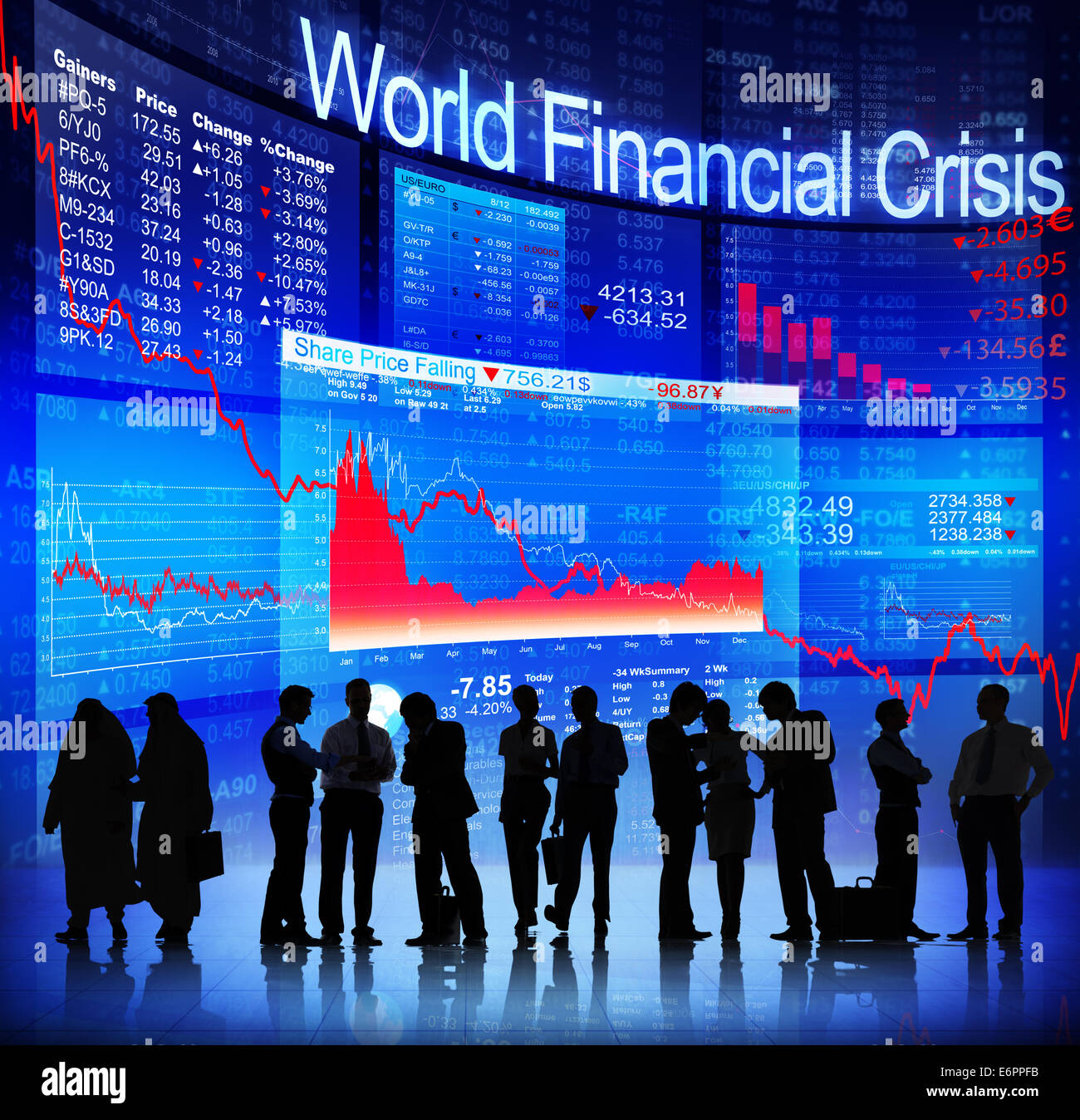 Silhouette Menschen Diskussion über weltweite Finanzkrise Stockfoto