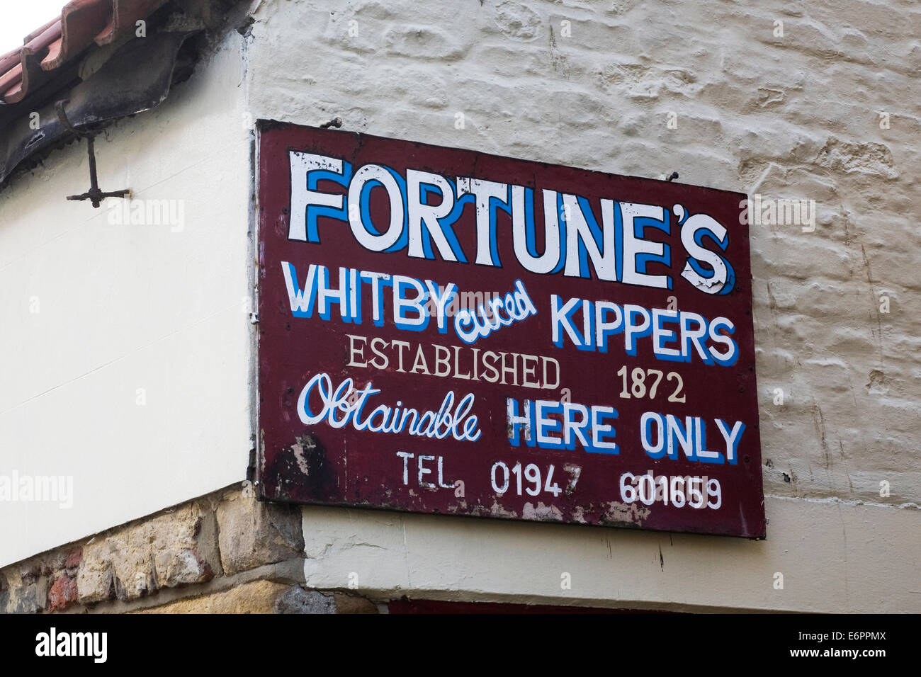 Fortune Whitby geheilt Bückling Zeichen, Whitby, Großbritannien. Stockfoto