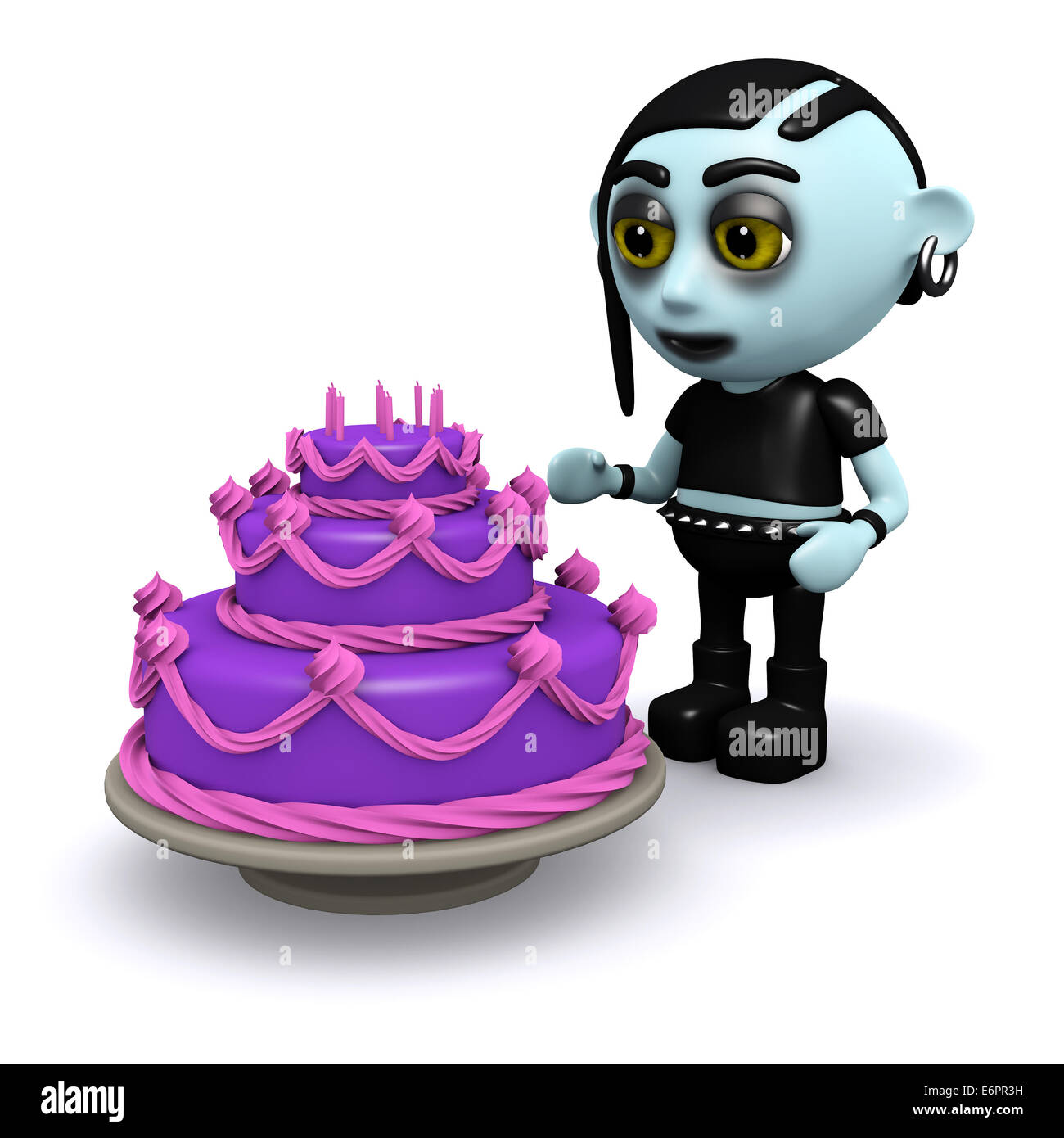 3D Render ein Punk Goth Blick auf einen lila Kuchen Stockfoto