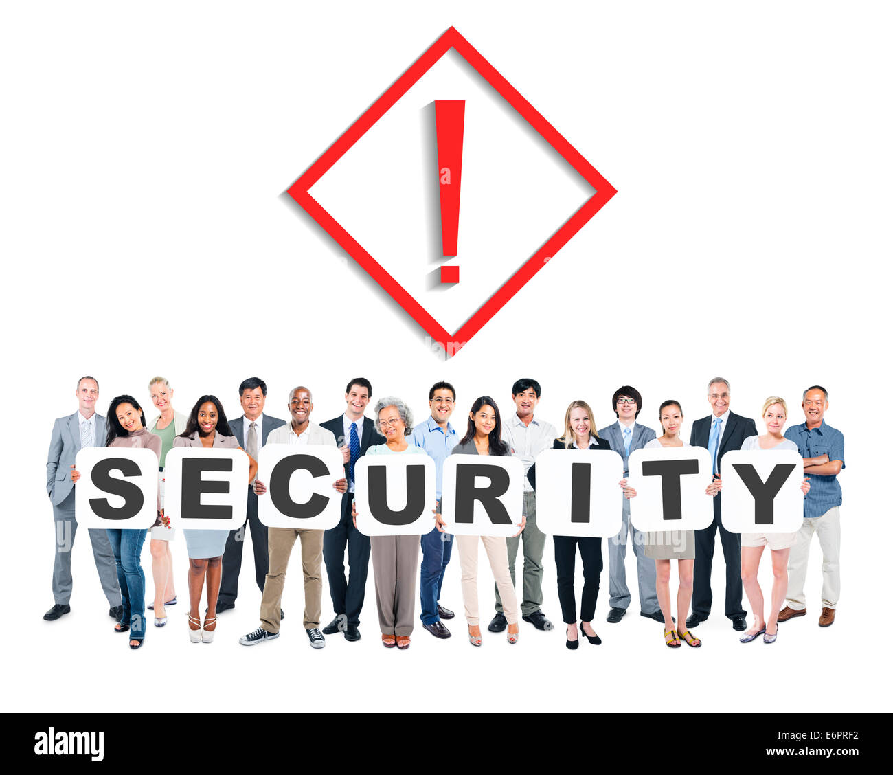 Multiethnische Gruppe von unterschiedlichen Menschen Holding Briefe, dass Formularsicherheit Stockfoto