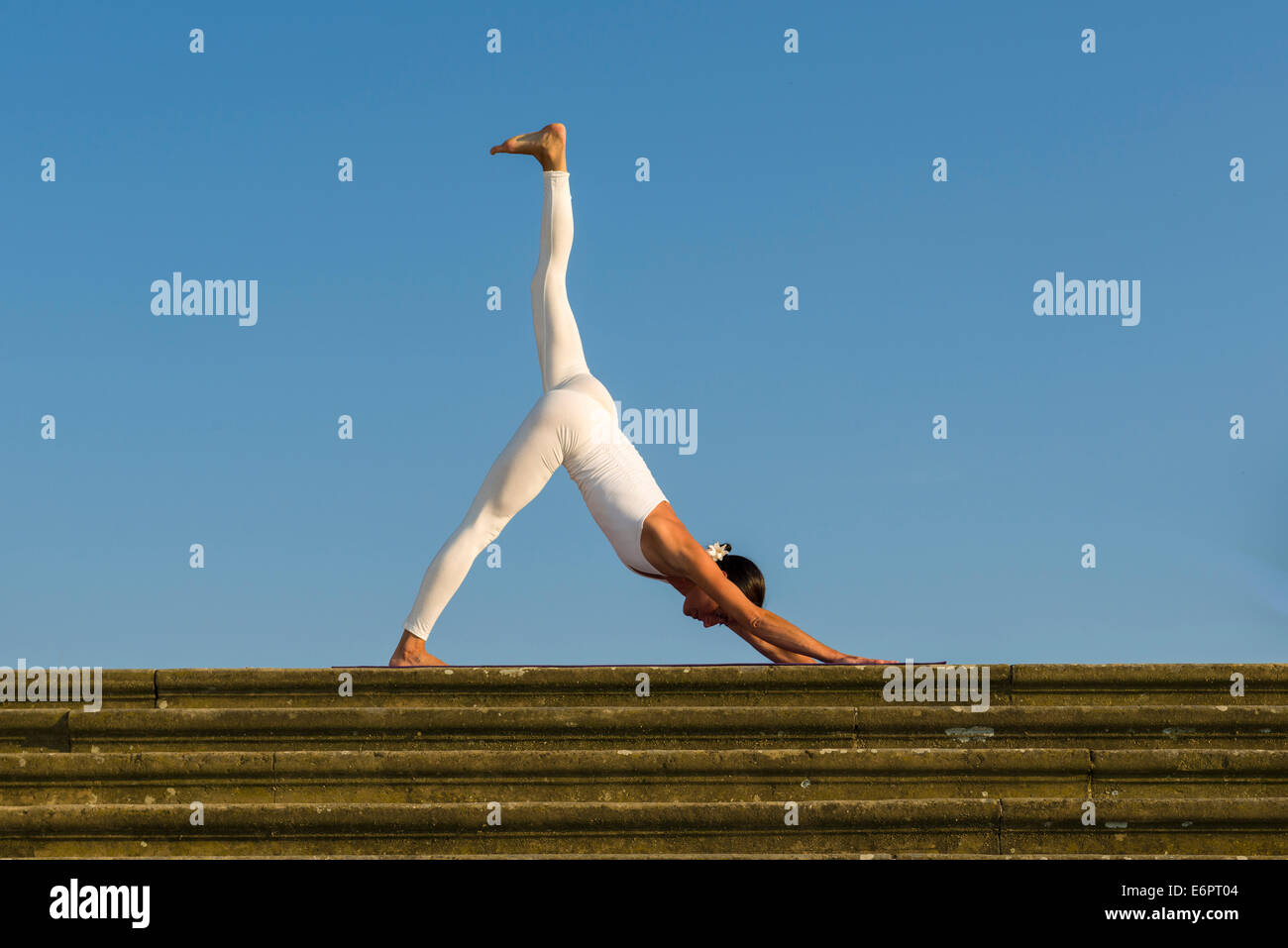 Junge Frau praktizieren Hatha Yoga im Freien, zeigen die Pose Adho Mukha Shvanasana Hund Pose Stockfoto