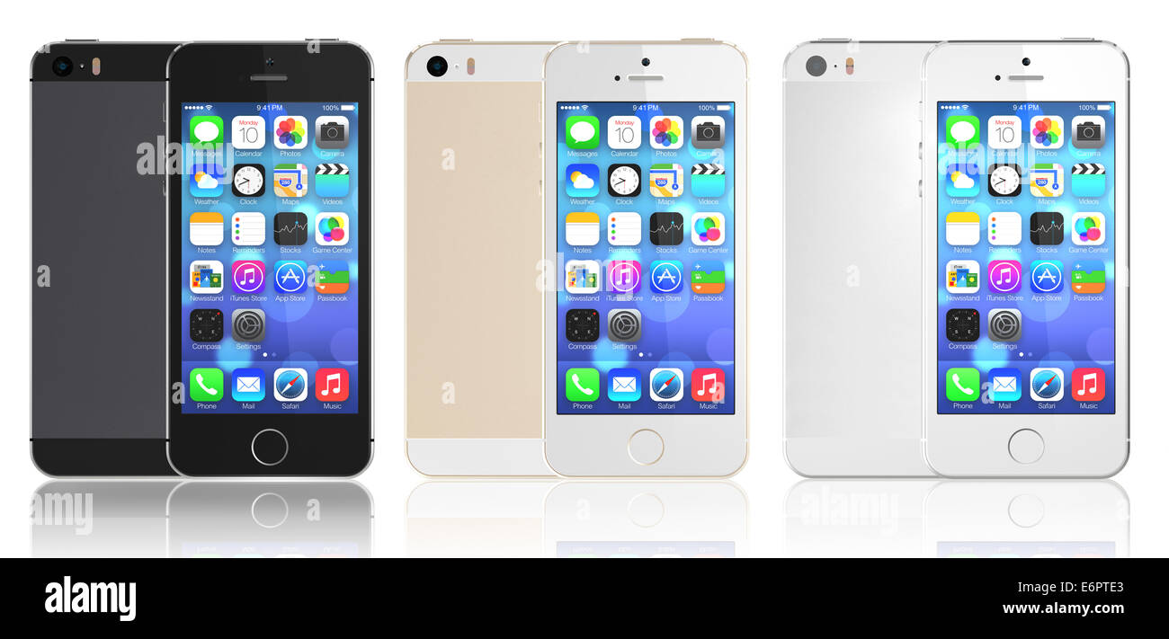 Grau, Silber, Gold iPhone 5 s mit dem home-Bildschirm mit iOS7 Platz. Stockfoto