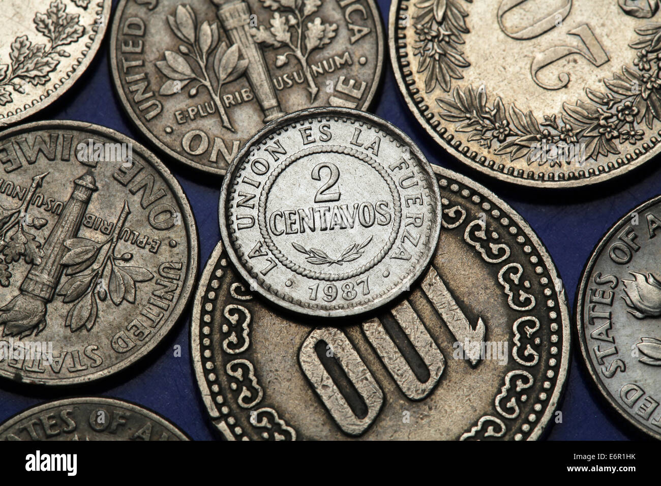 Münzen von Bolivien. Bolivianische zwei Centavos Münze. Stockfoto