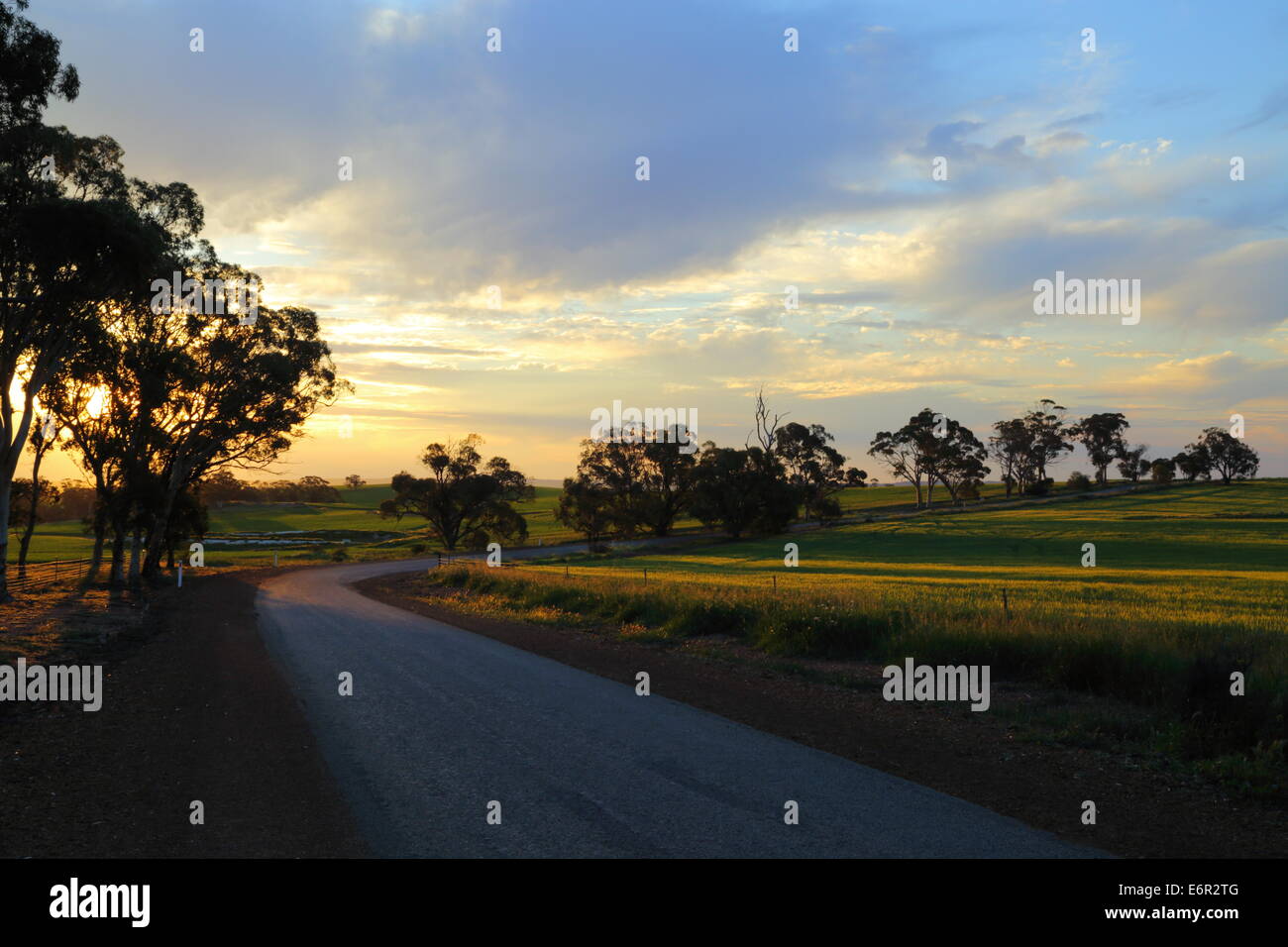 Dämmerung legt sich über die Kulturlandschaft und einer kurvigen Straße - in der Nähe von Northam, Western Australia. Stockfoto