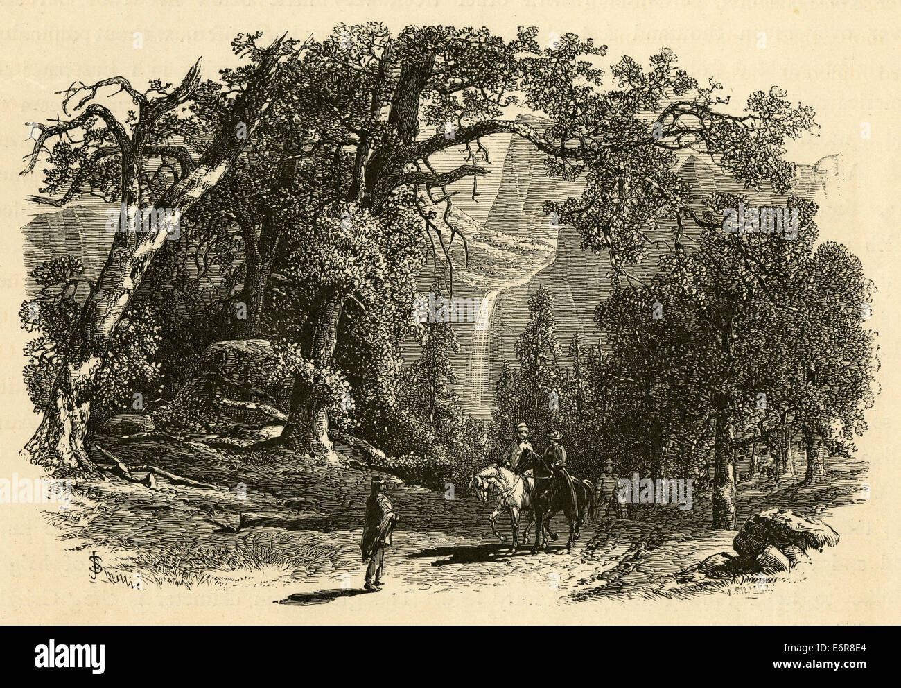 Ca. 1870 Gravur. Yosemite Bridalveil Falls. Stockfoto
