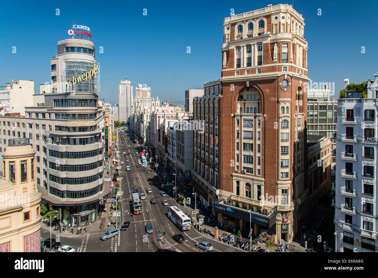 Draufsicht der Gran Via Straße, Madrid, Comunidad de Madrid, Spanien Stockfoto